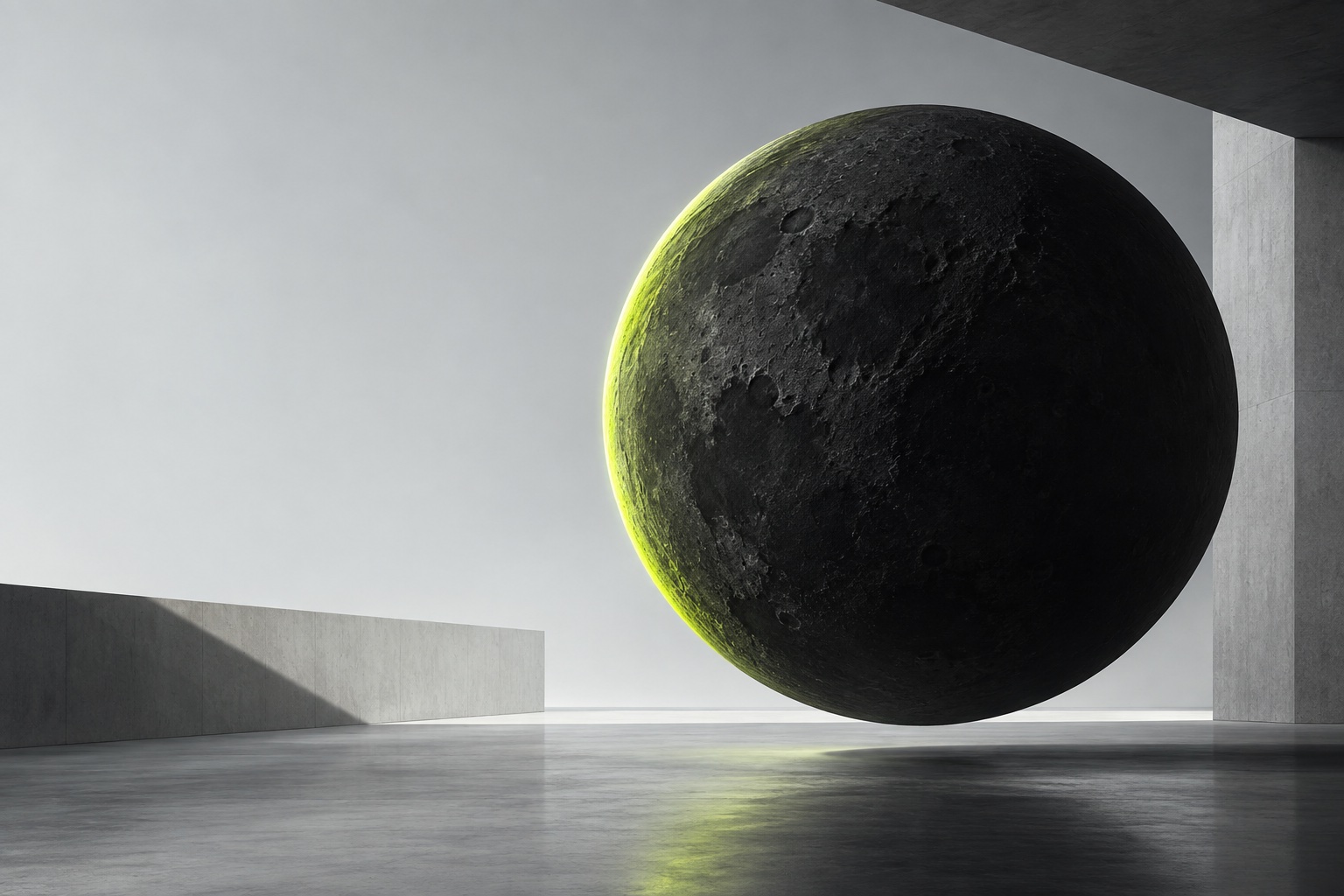 Escultura lunar em grafite com um contorno de luz verde, em um espaço arquitetônico